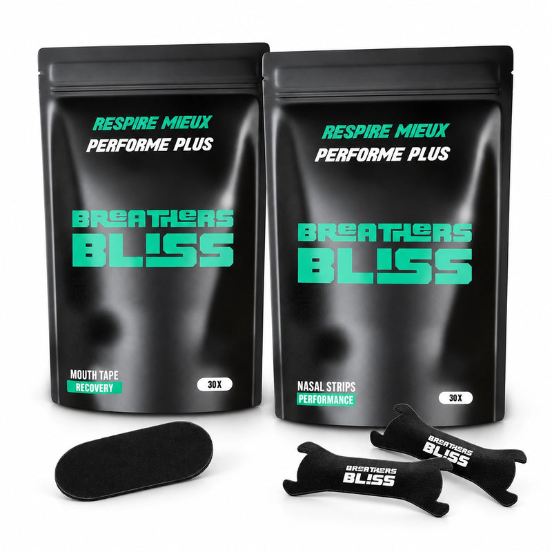 Pack Athlète BreathersBliss sur fond blanc : un sachet de 30 bandes nasales noires et un sachet de 30 bandes buccales, avec leurs bandes.