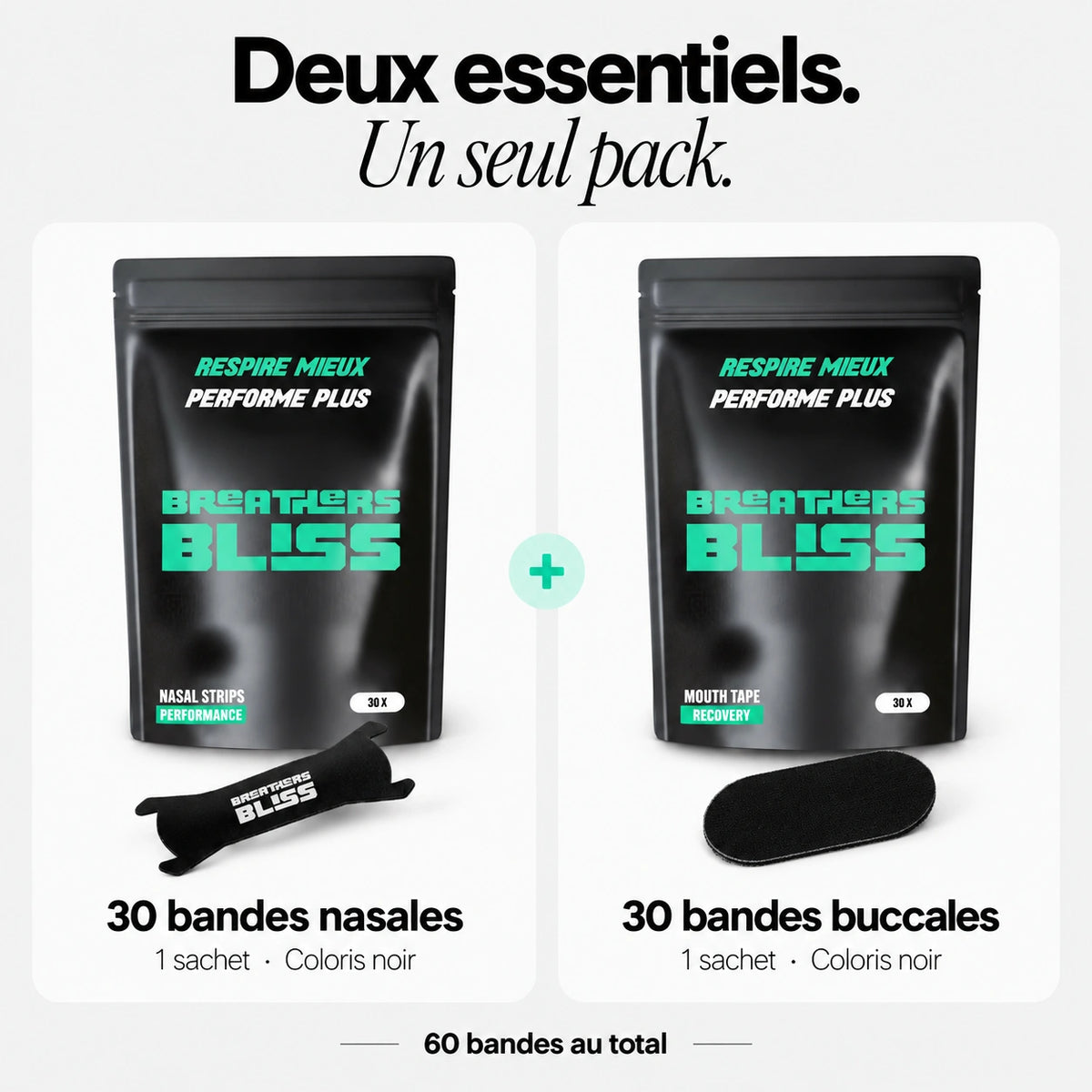 Contenu du Pack Athlète BreathersBliss : 30 bandes nasales et 30 bandes buccales noires, réparties dans deux sachets, soit 60 bandes au total.