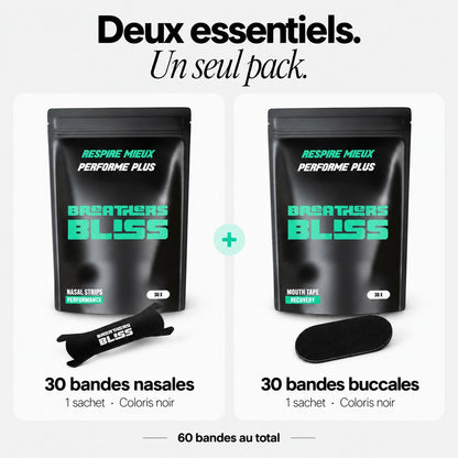 Contenu du Pack Athlète BreathersBliss : 30 bandes nasales et 30 bandes buccales noires, réparties dans deux sachets, soit 60 bandes au total.