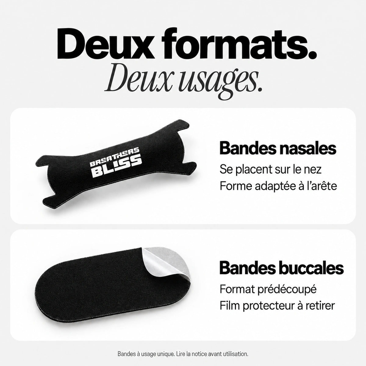 Détail des deux bandes du Pack Athlète : bande nasale noire à logo BreathersBliss et bande buccale arrondie avec film protecteur.