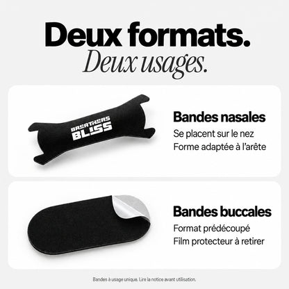 Détail des deux bandes du Pack Athlète : bande nasale noire à logo BreathersBliss et bande buccale arrondie avec film protecteur.