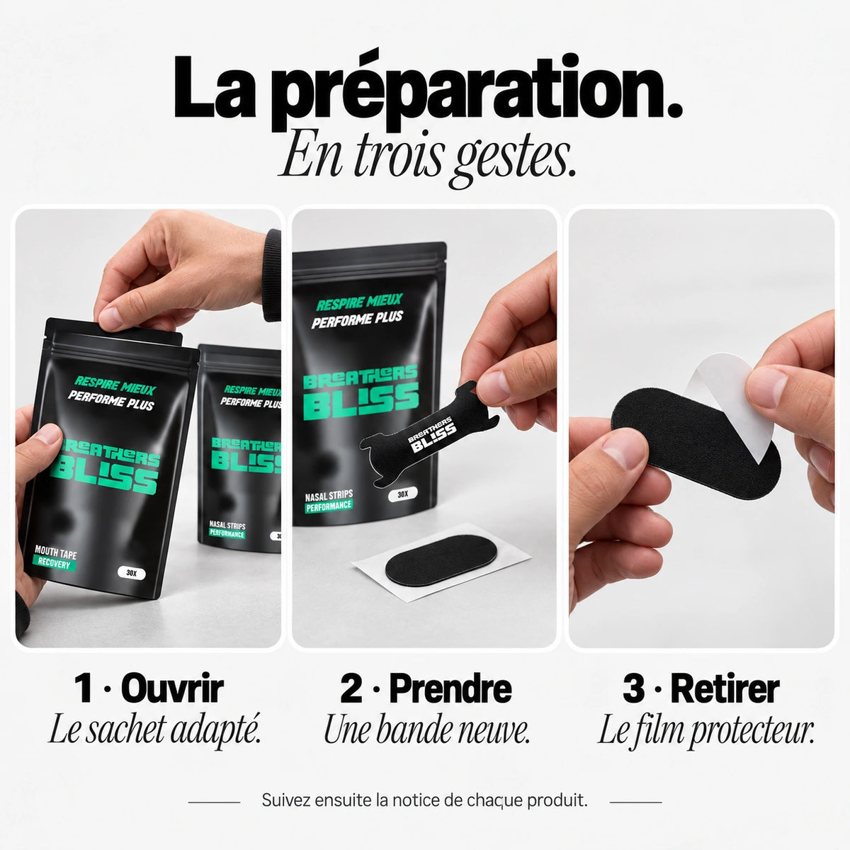 Préparation des bandes du Pack Athlète BreathersBliss : ouvrir le sachet, prendre une bande neuve et retirer le film protecteur.