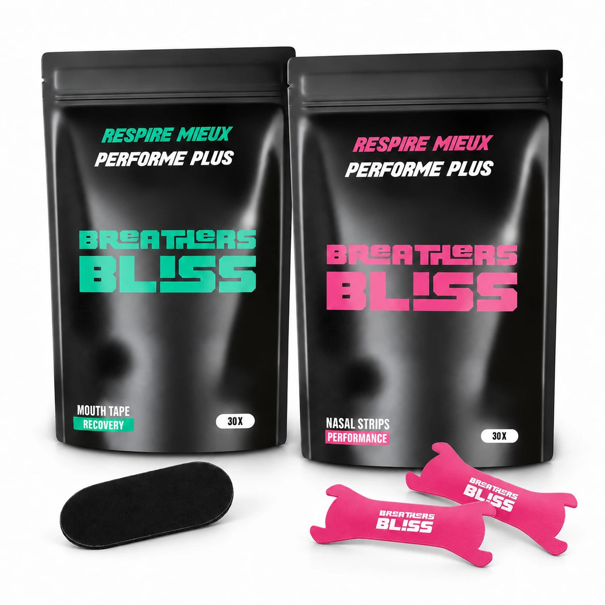 Pack Athlète rose BreathersBliss avec un sachet de bandes nasales roses et un sachet de bandes buccales classiques noires.