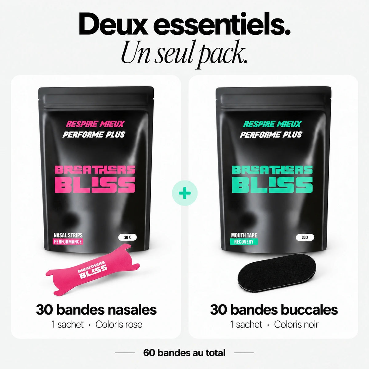 Contenu du Pack Athlète rose : 30 bandes nasales Intense roses et 30 bandes buccales noires, soit 60 bandes.