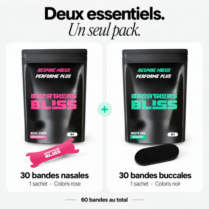 Contenu du Pack Athlète rose : 30 bandes nasales Intense roses et 30 bandes buccales noires, soit 60 bandes.