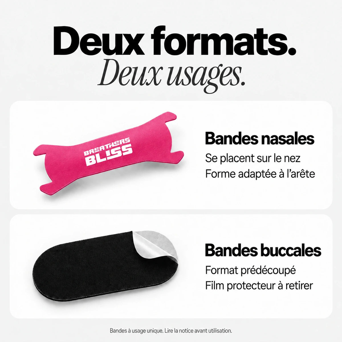 Différence de forme entre la bande nasale rose et la bande buccale noire du Pack Athlète BreathersBliss.