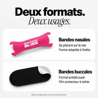 Différence de forme entre la bande nasale rose et la bande buccale noire du Pack Athlète BreathersBliss.