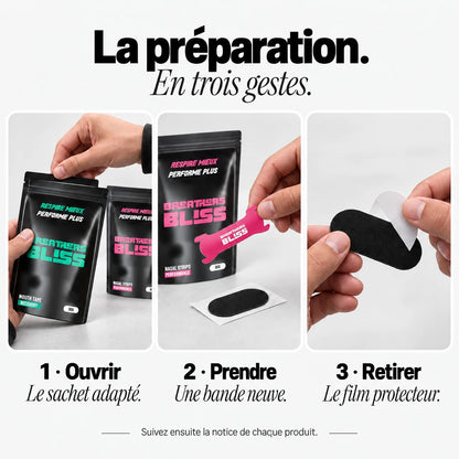 Préparation du Pack Athlète rose : ouvrir le sachet, prendre une bande neuve et retirer le film protecteur.