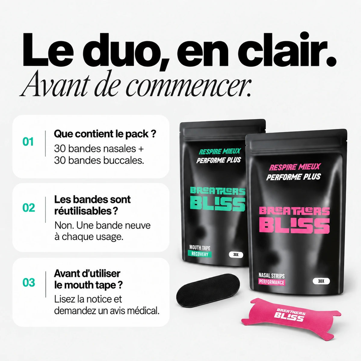 Questions sur le Pack Athlète rose BreathersBliss : contenu, usage unique et conseils avant utilisation des bandes buccales.