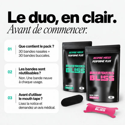 Questions sur le Pack Athlète rose BreathersBliss : contenu, usage unique et conseils avant utilisation des bandes buccales.