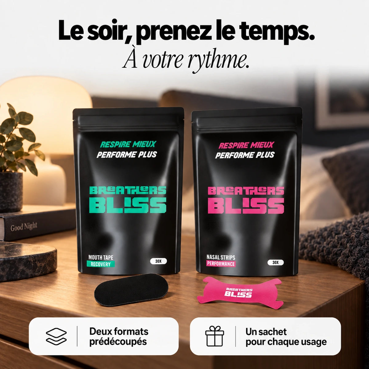 Pack Athlète rose BreathersBliss et ses bandes nasales roses et buccales noires présentés dans une chambre.