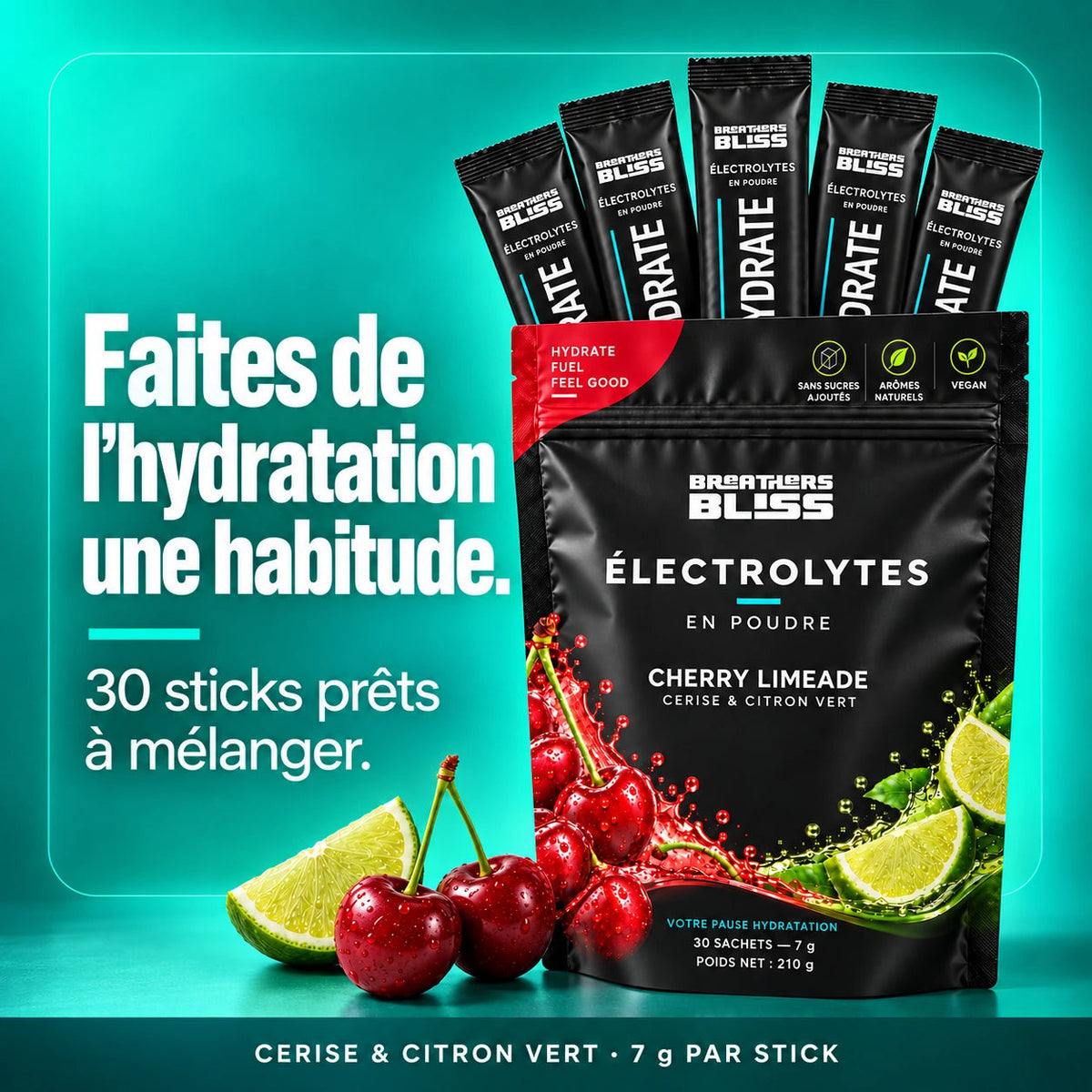 Électrolytes BreathersBliss cerise et citron vert : sachet et sticks prêts à mélanger pour une routine d’hydratation.