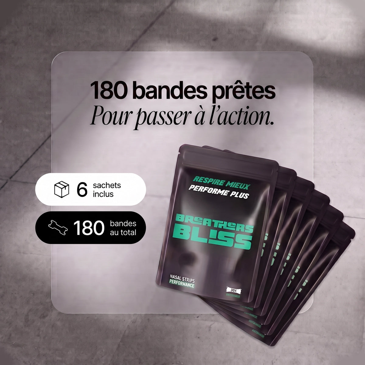 Pack de 6 sachets de bandes nasales noires BreathersBliss, soit 180 bandes au total.