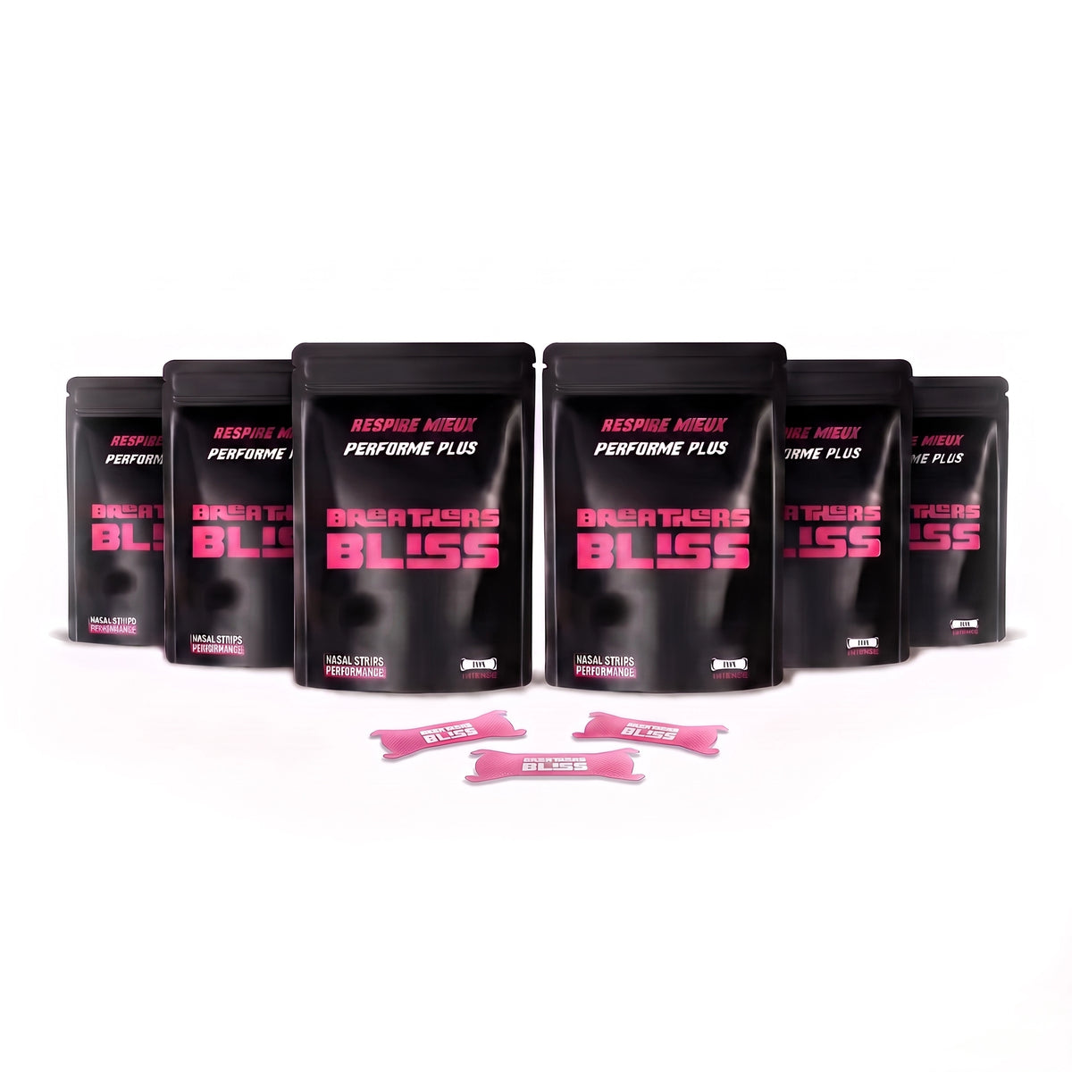 Pack de 6 sachets de bandes nasales Intense roses BreathersBliss, avec les bandes présentées devant.