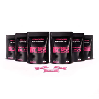 Pack de 6 sachets de bandes nasales Intense roses BreathersBliss, avec les bandes présentées devant.