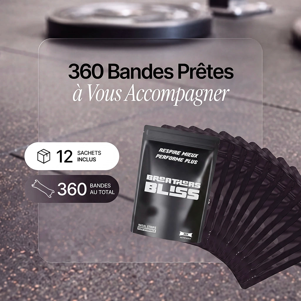 Pack annuel de bandes nasales blanches BreathersBliss avec 12 sachets et 360 bandes nasales pour améliorer la respiration, le sommeil et les performances.