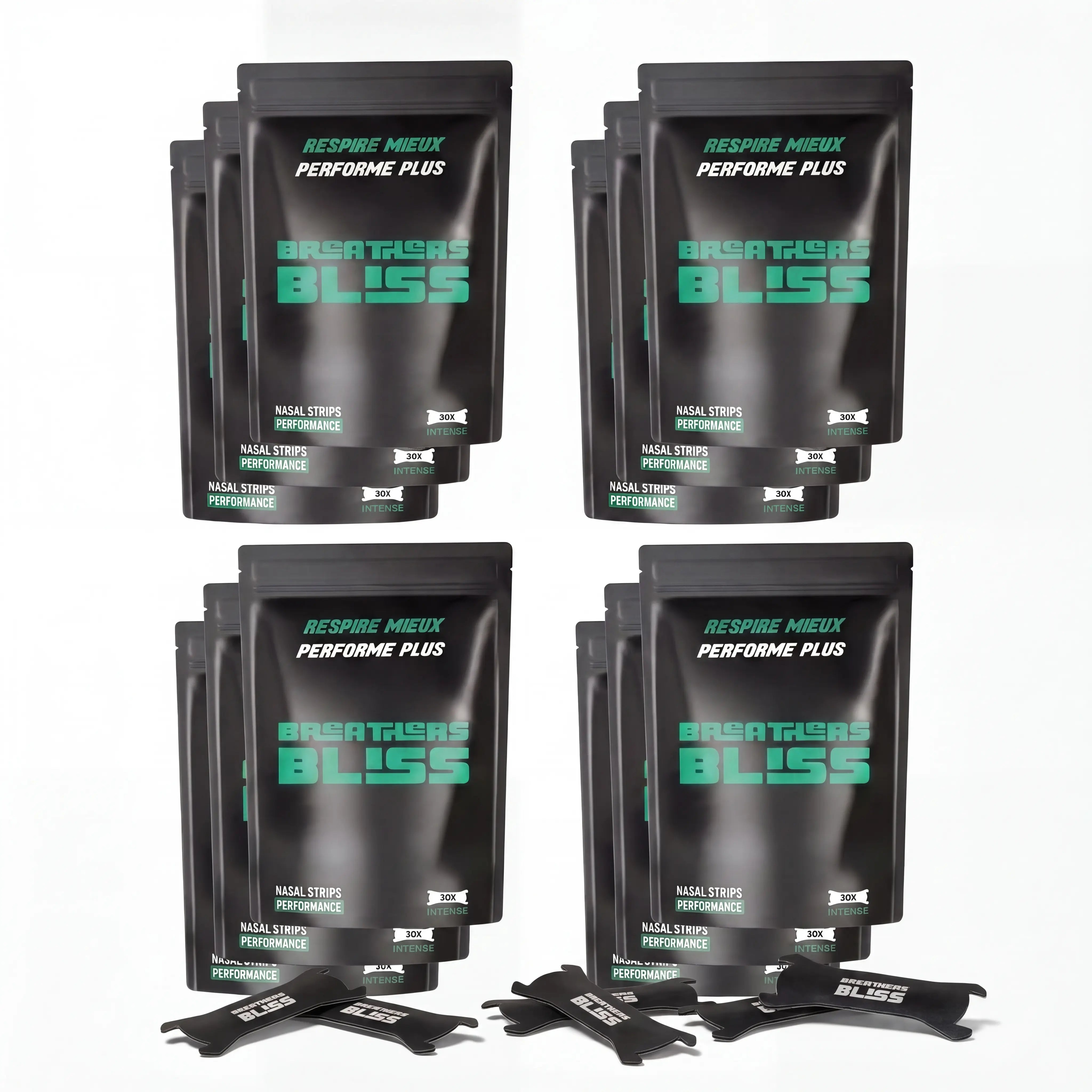 Pack annuel de bandes nasales noires BreathersBliss avec 12 sachets et bandes nasales noires pour améliorer la respiration, le sommeil et les performances.