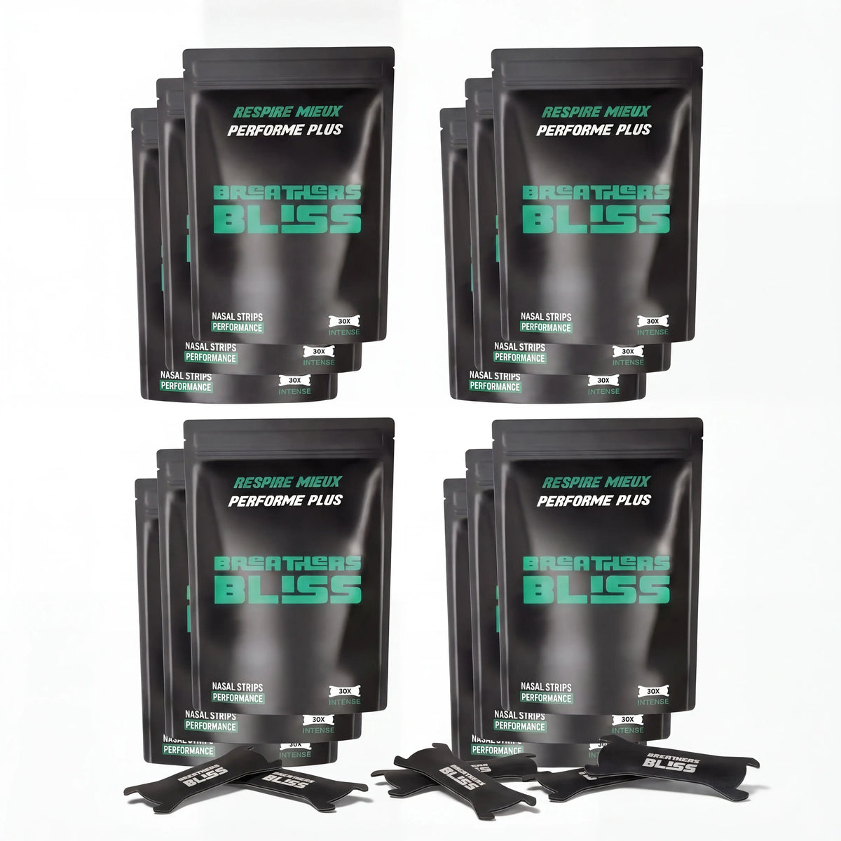 Pack annuel de bandes nasales noires BreathersBliss avec 12 sachets et bandes nasales noires.