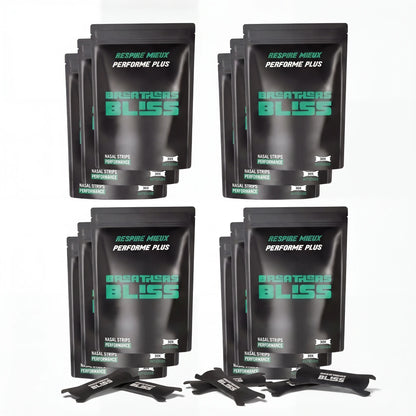 Pack annuel de bandes nasales noires BreathersBliss avec 12 sachets et bandes nasales noires.
