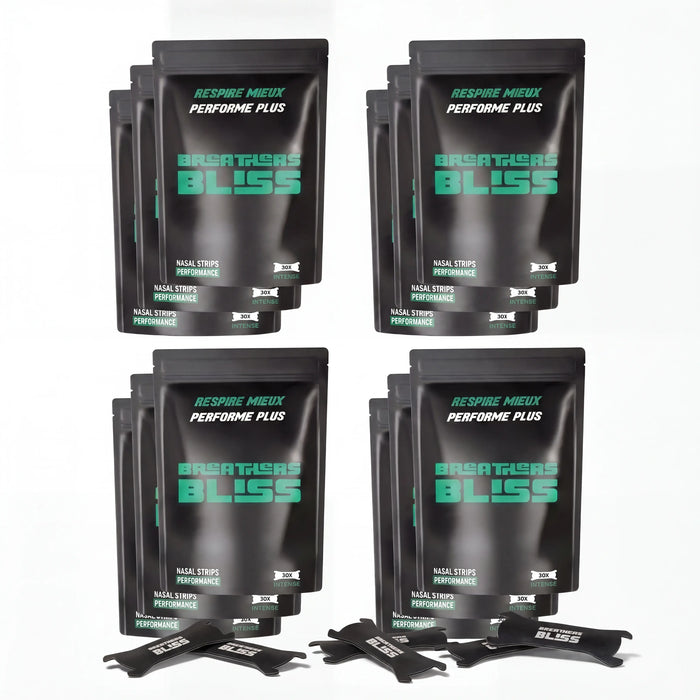 Pack annuel de bandes nasales noires BreathersBliss avec 12 sachets et bandes nasales noires.