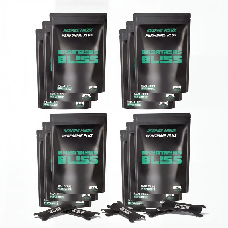 Pack annuel de bandes nasales noires BreathersBliss avec 12 sachets et bandes nasales noires.