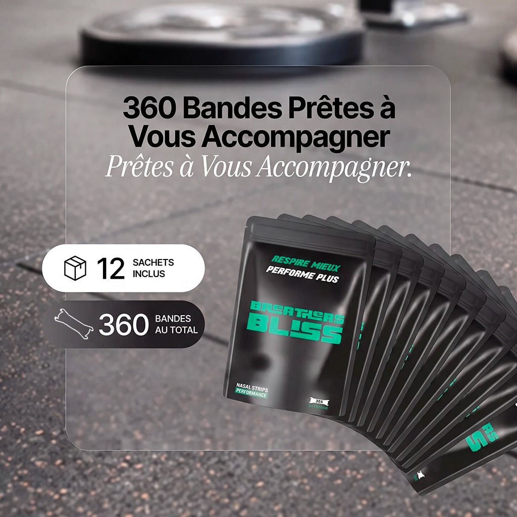 Pack annuel de bandes nasales noires BreathersBliss avec 12 sachets et 360 bandes nasales.