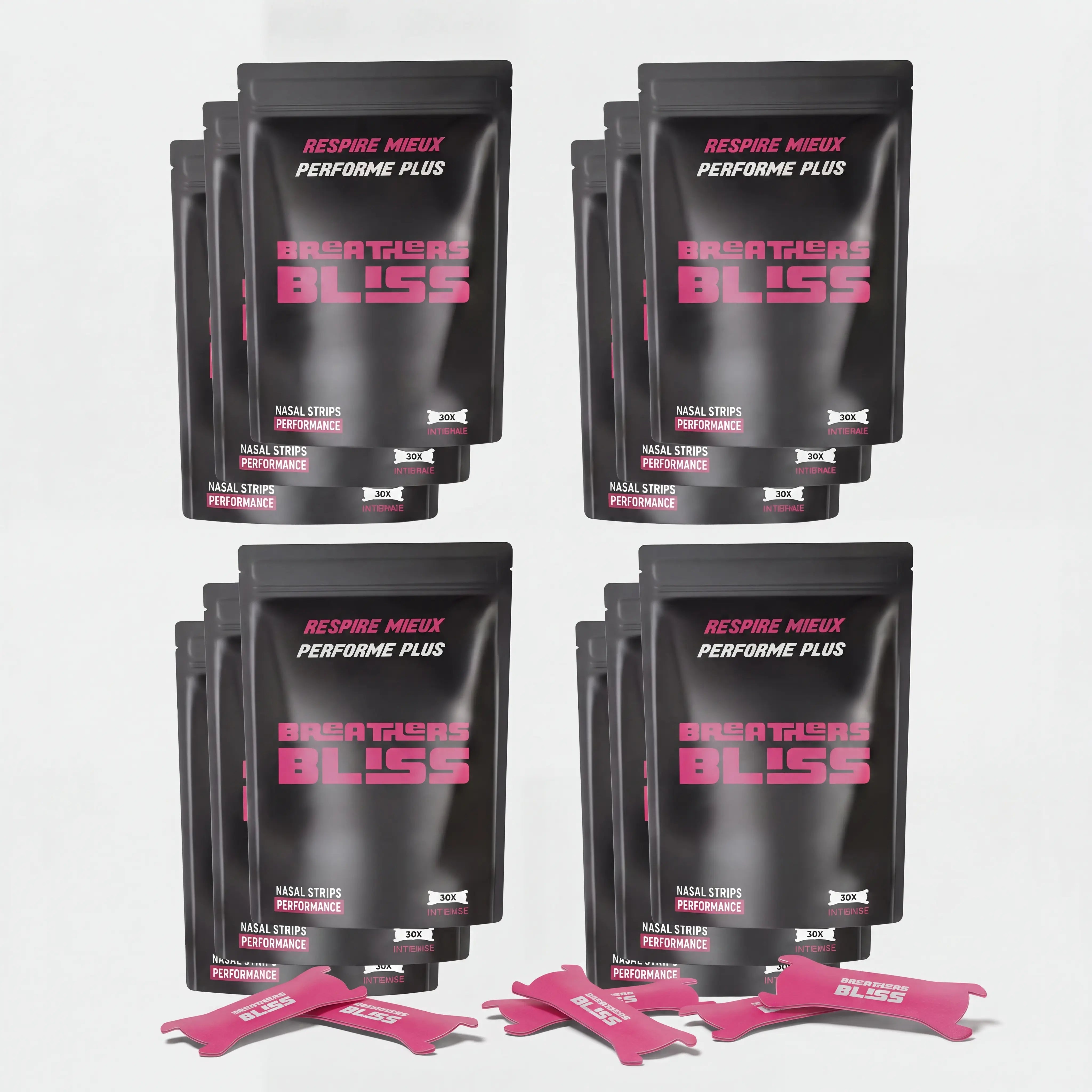 Pack annuel de bandes nasales roses BreathersBliss avec 12 sachets et bandes nasales roses pour améliorer la respiration, le sommeil et les performances.