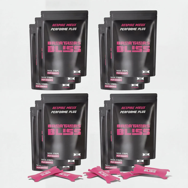 Pack annuel de bandes nasales roses BreathersBliss avec 12 sachets et bandes nasales roses.