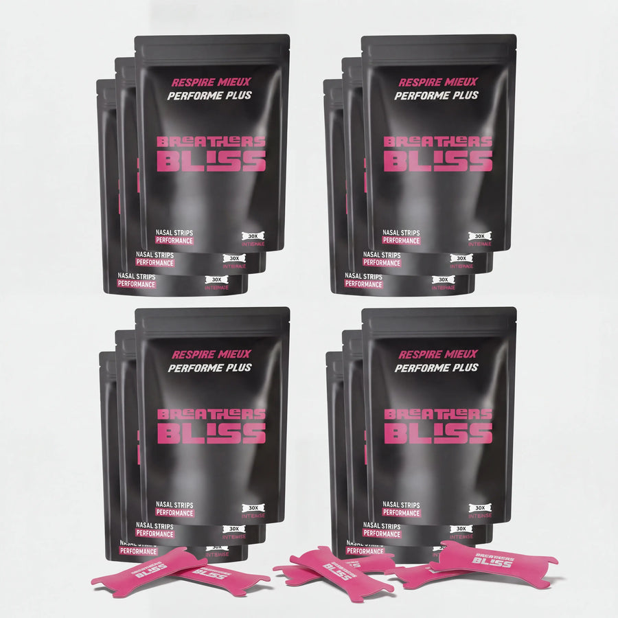Pack annuel de bandes nasales roses BreathersBliss avec 12 sachets et bandes nasales roses.