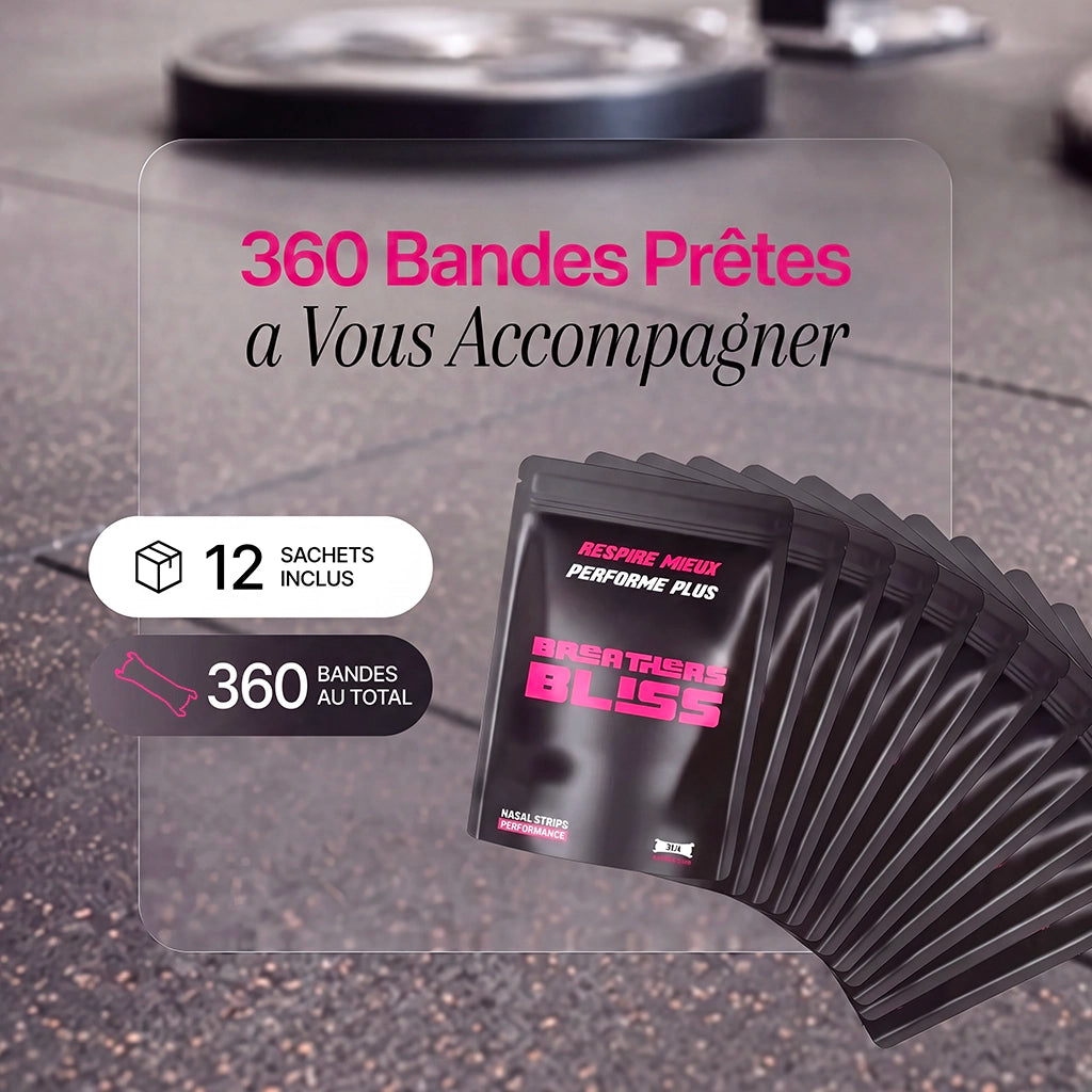 Pack annuel de bandes nasales roses BreathersBliss avec 12 sachets et 360 bandes nasales pour améliorer la respiration, le sommeil et les performances.