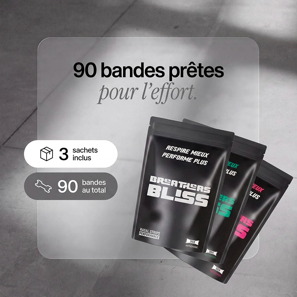 Pack Trio BreathersBliss avec trois sachets de bandes nasales.